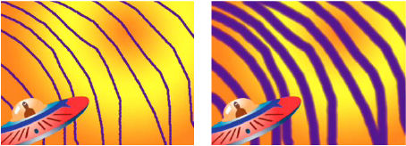 Brush, diameter: Strokes with low Diameter values (left) and high Diameter values (right)