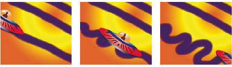 After Effects interpolates a paint stroke (center) between two different shapes created with the same brush (left and right)