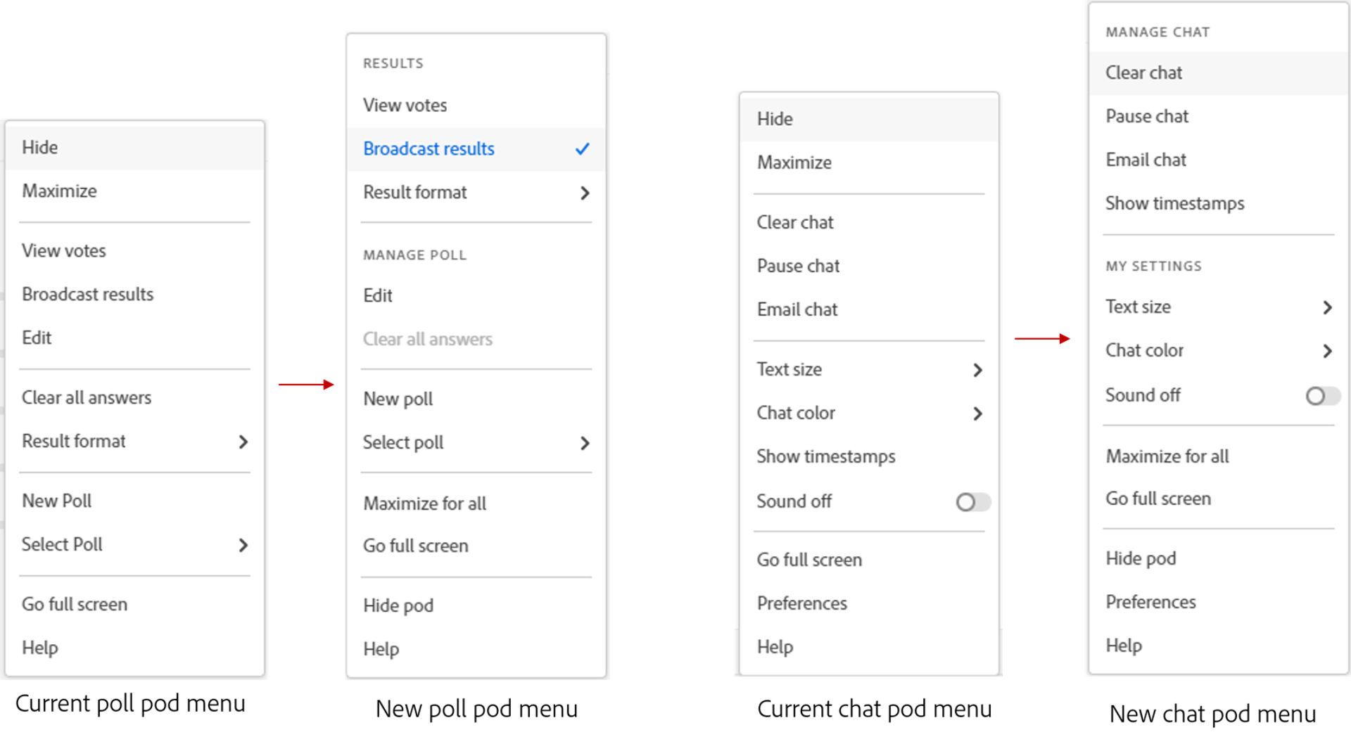 Poll and Chat pod menus before and after 12.7 release