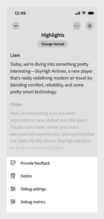 podcast w produkcie acrobat android pokazuje kontrolki odtwarzania i pełny transkrypt zsynchronizowany z audio.