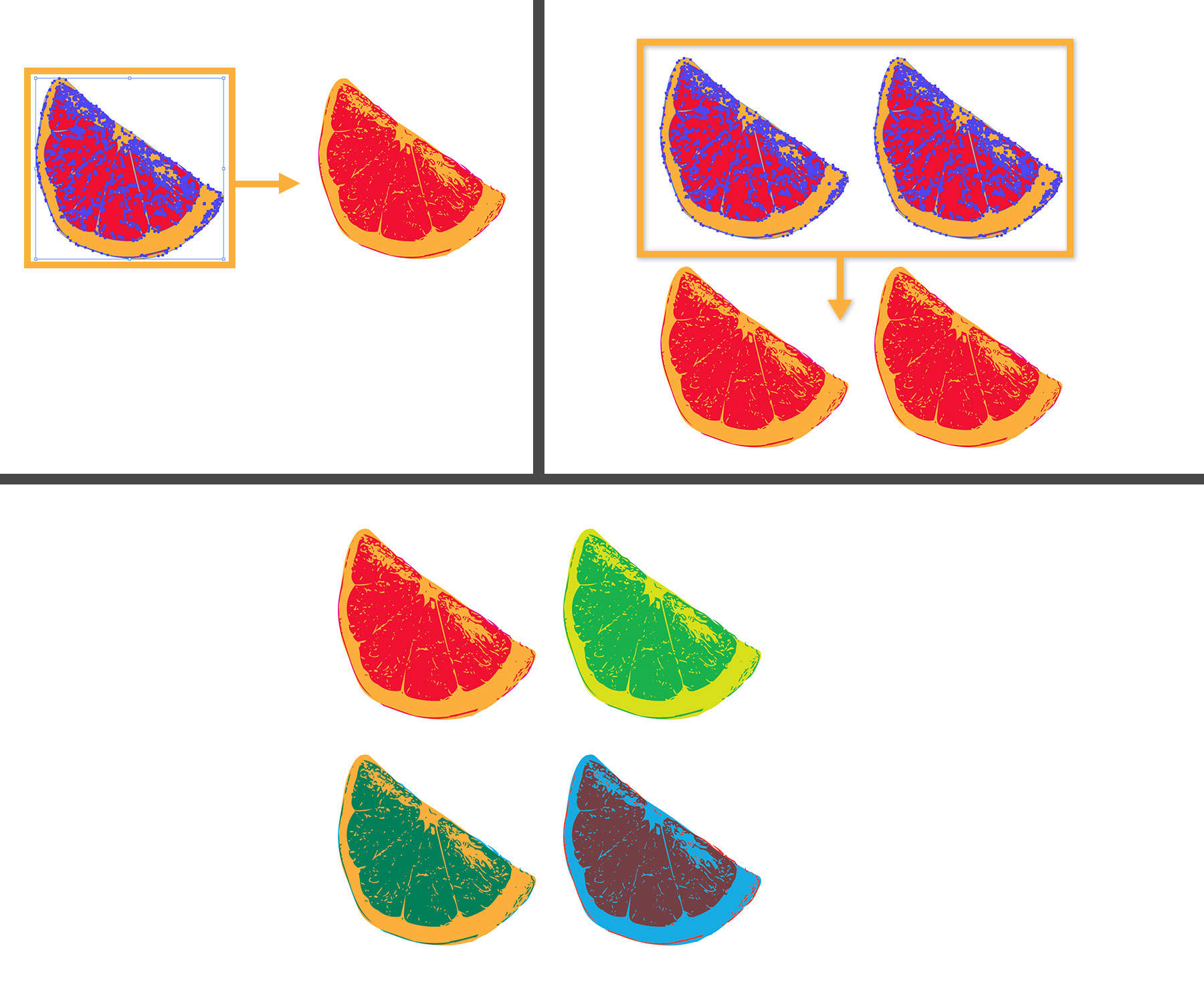 Grapefruit slice is placed on a grid and duplicated to make four slices. The slices are brightly colored in different hues.