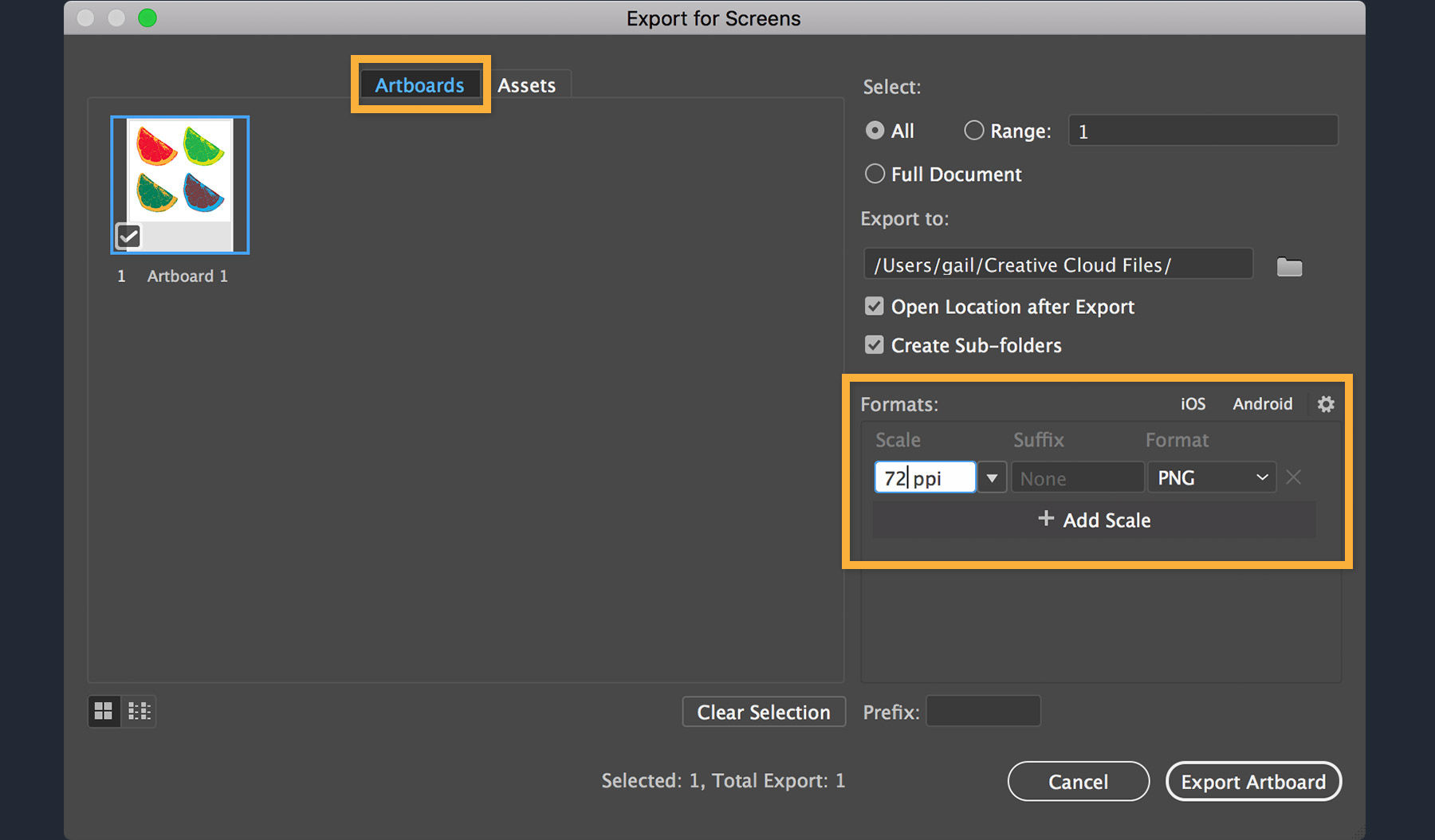 The artwork is exported to view onscreen by selecting File < Export < Export for Screens.