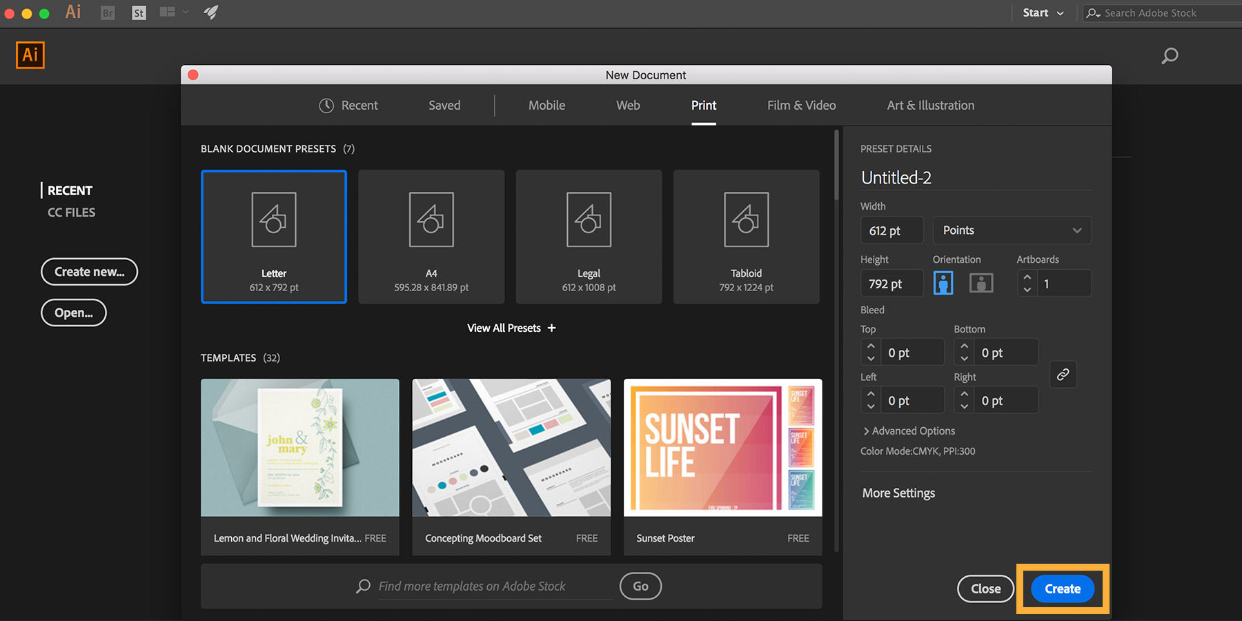 New document is created in Adobe Illustrator, Print < Letter is selected to create an image for printing.