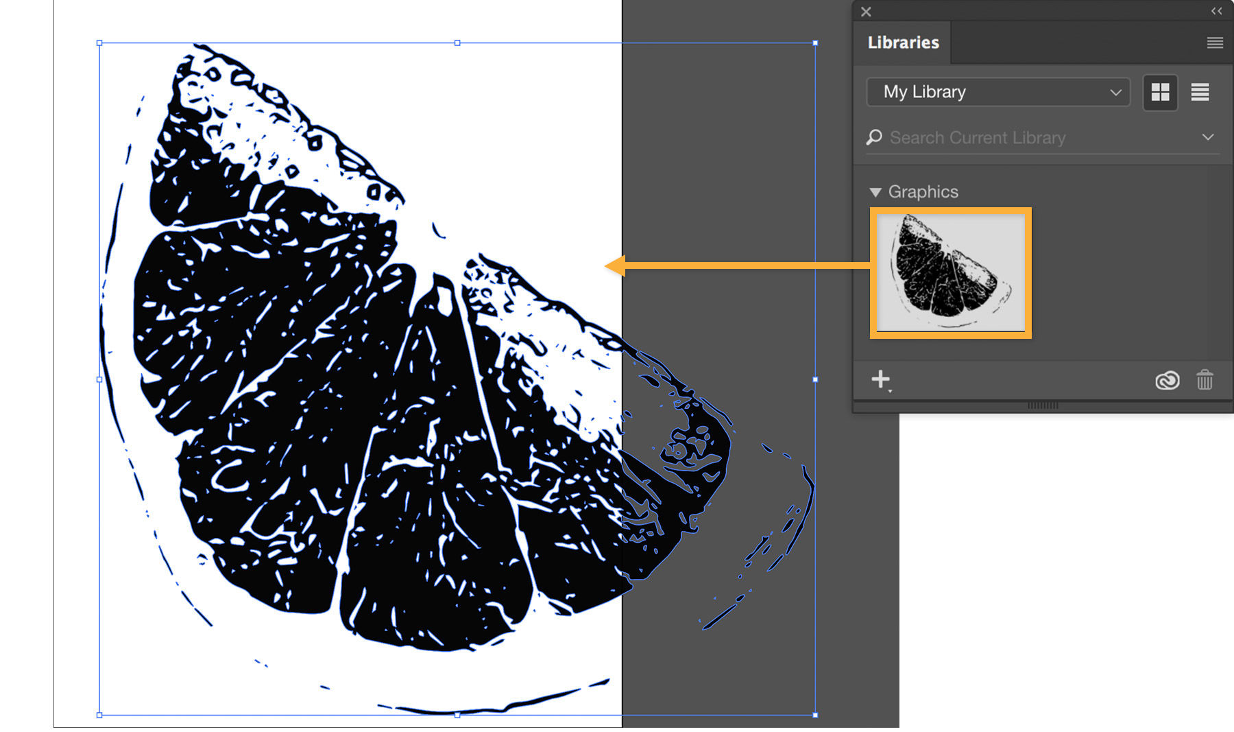 The grapefruit slice is dragged onto the artboard from the Creative Cloud Libraries window.