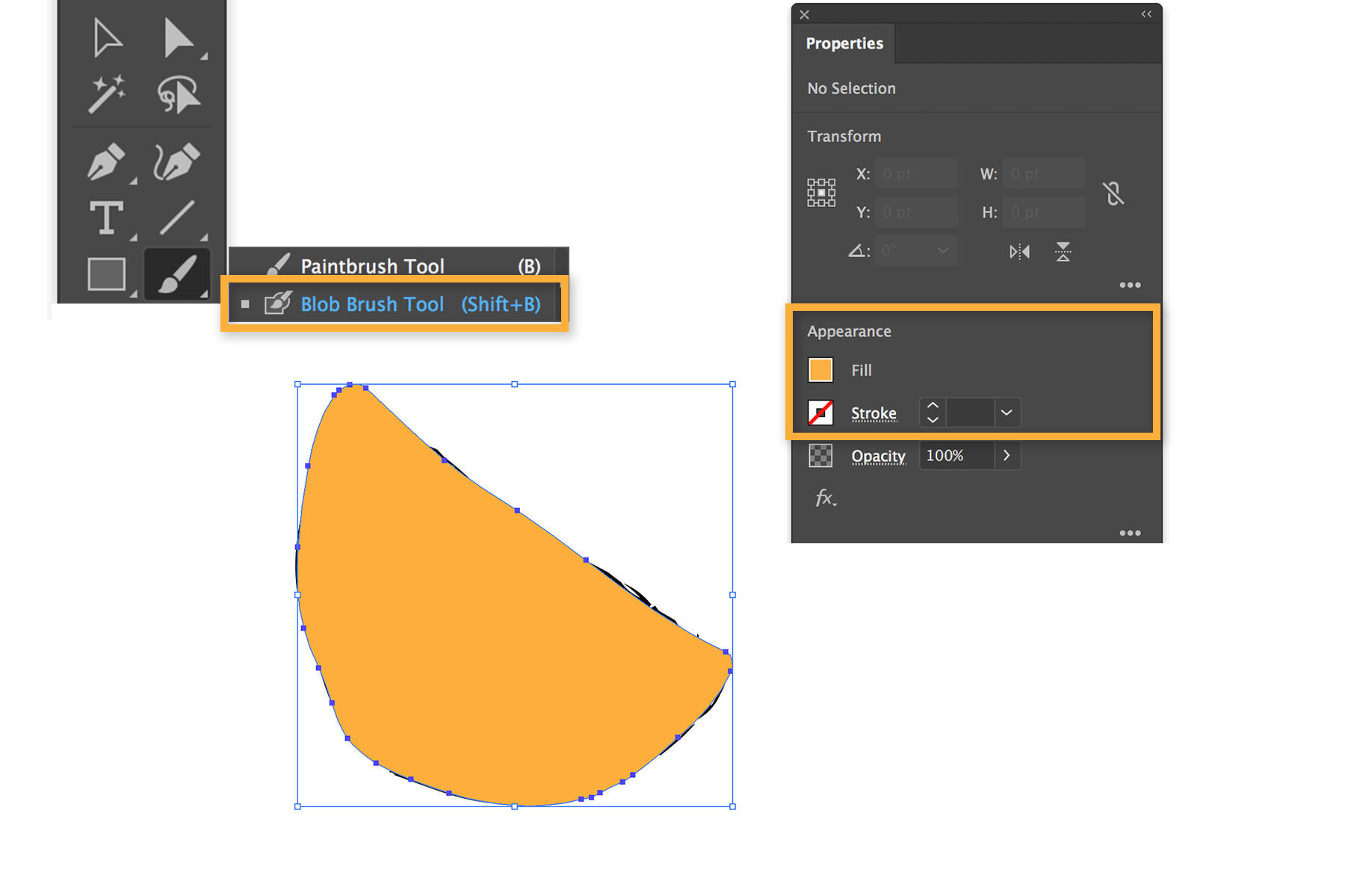 An orange shape is painted onto the grapefruit slice using the Blob Brush tool with an orange fill and no stroke. 