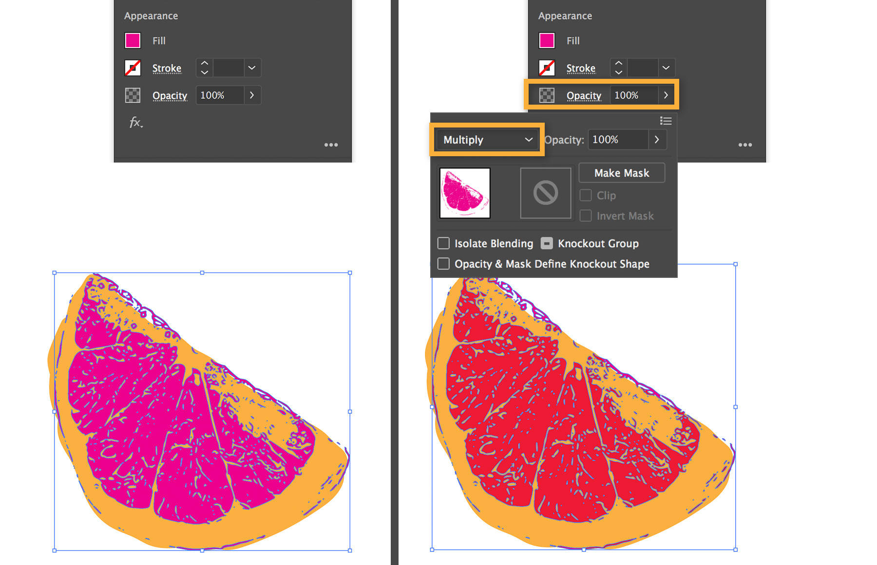 The grapefruit slice is colorized, and Multiply blending mode is selected to simulate a transparent ink color.