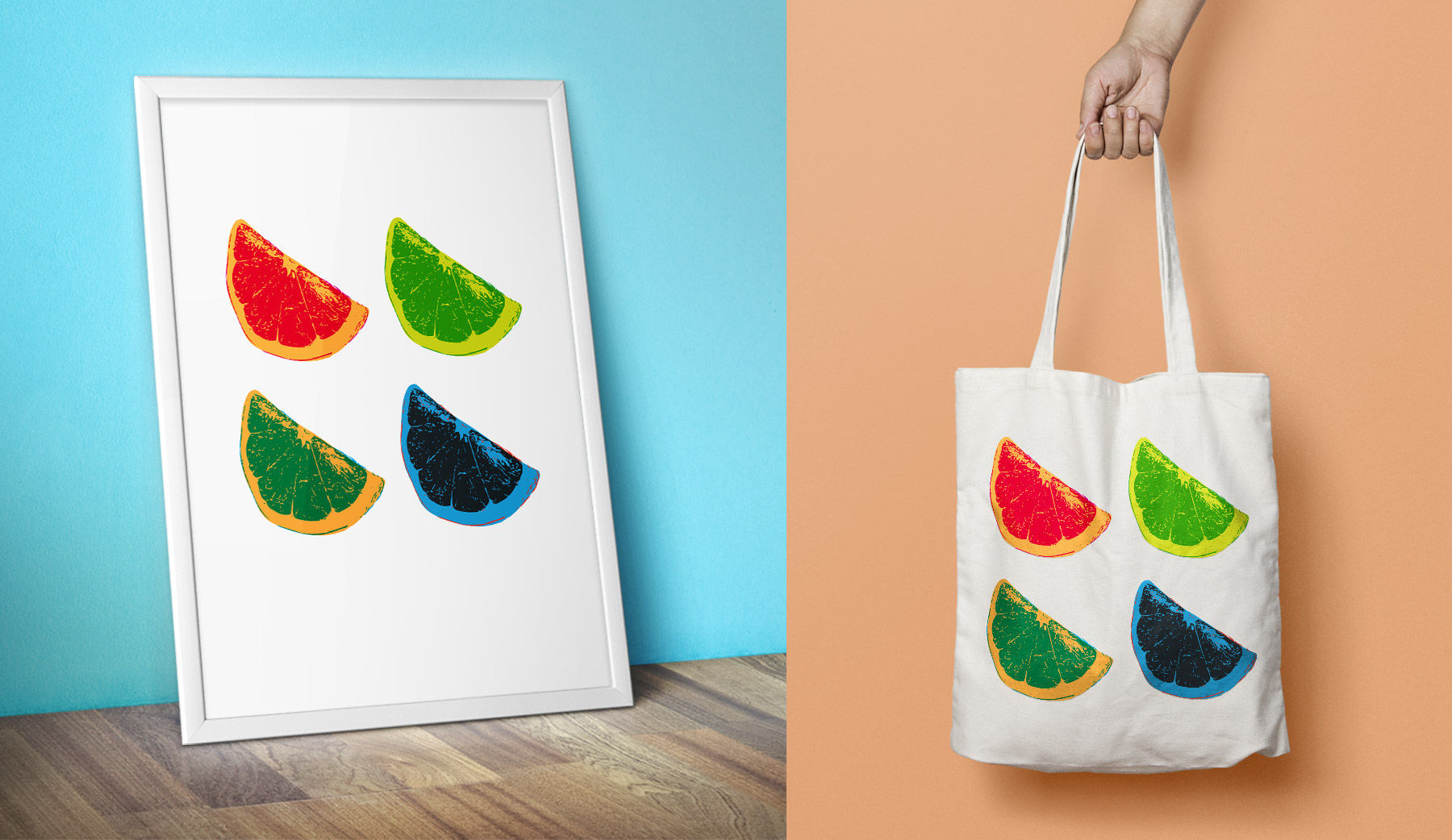 Four pieces of cut citrus fruit are brightly colorized and featured on a canvas and a tote.