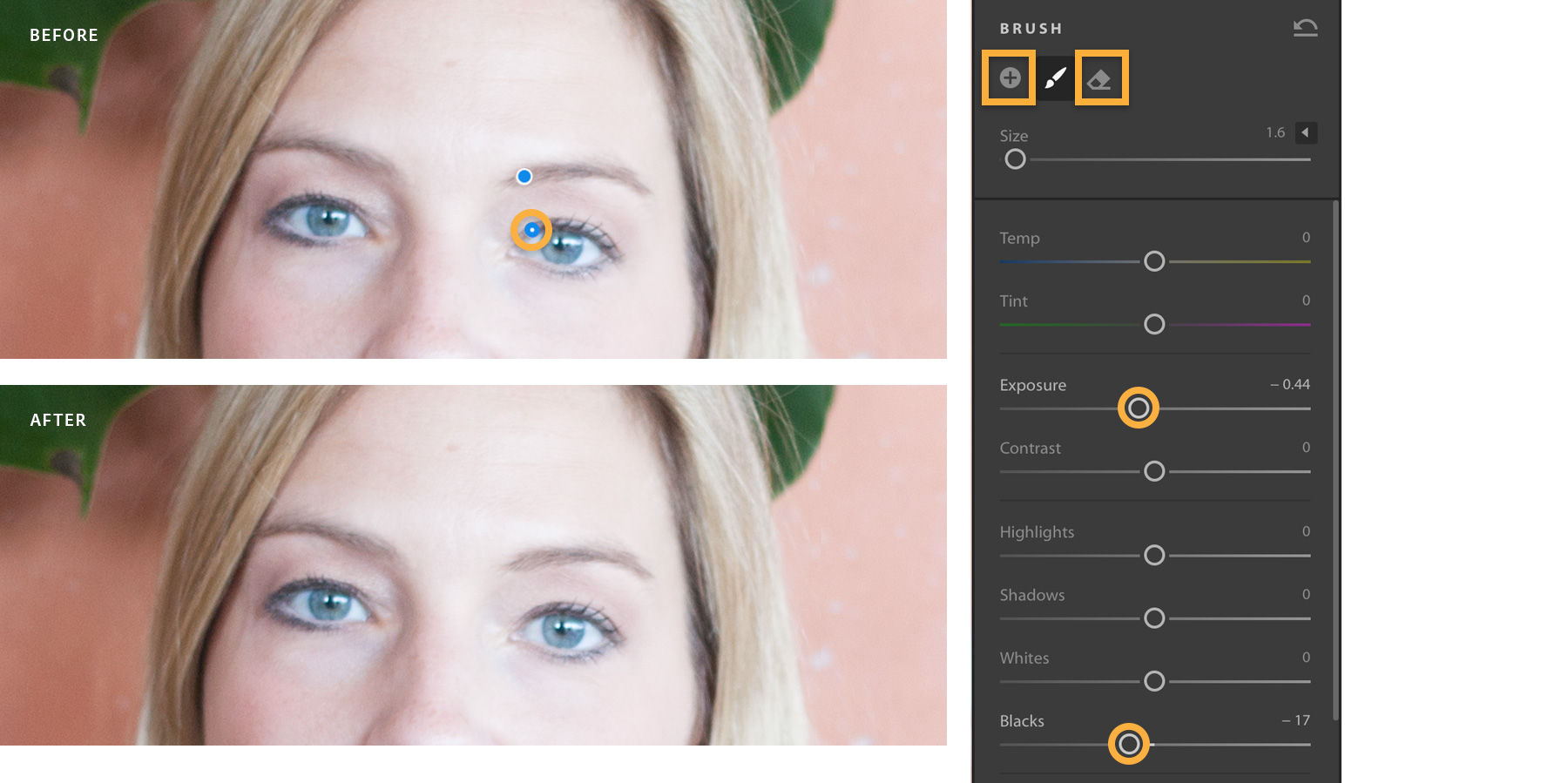 Before and after of retouched eyelashes appearing darker. 