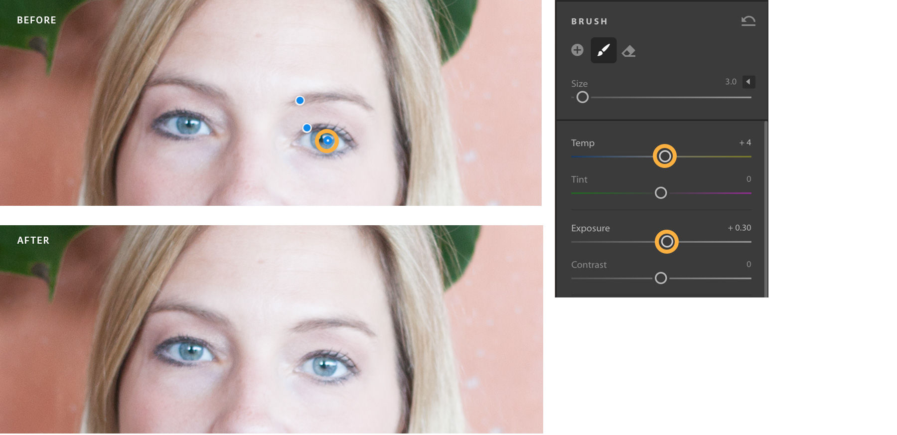 Before and after of irises brightened.  
