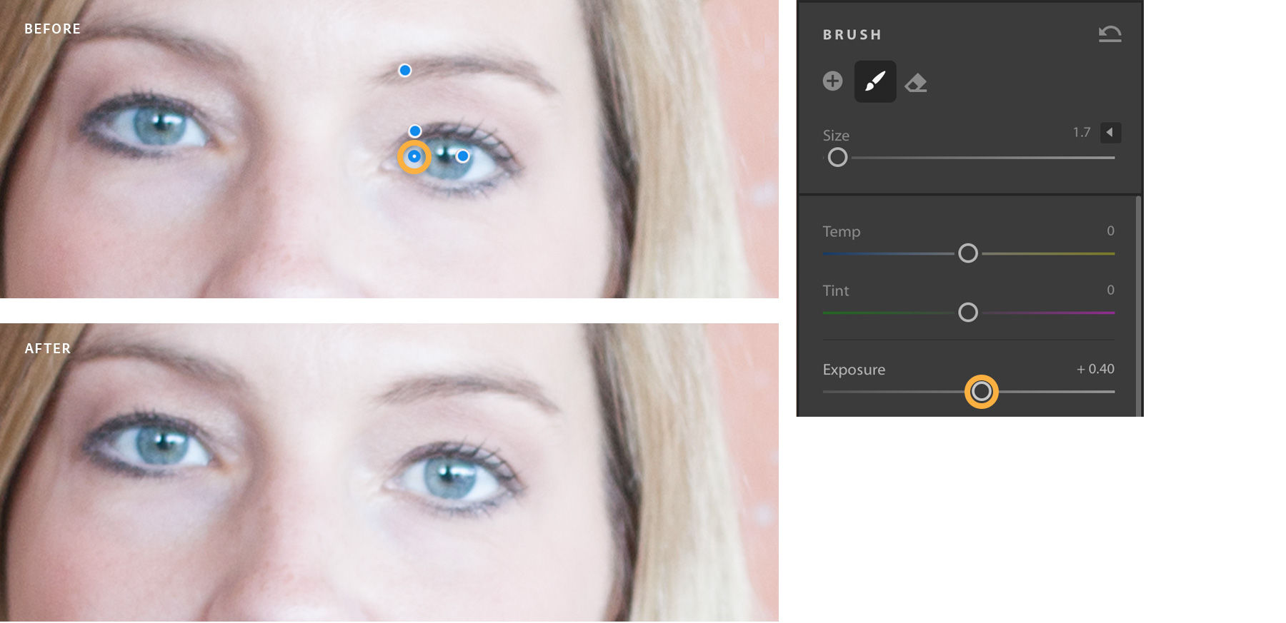 Before and after of whites of eyes lightened.  
