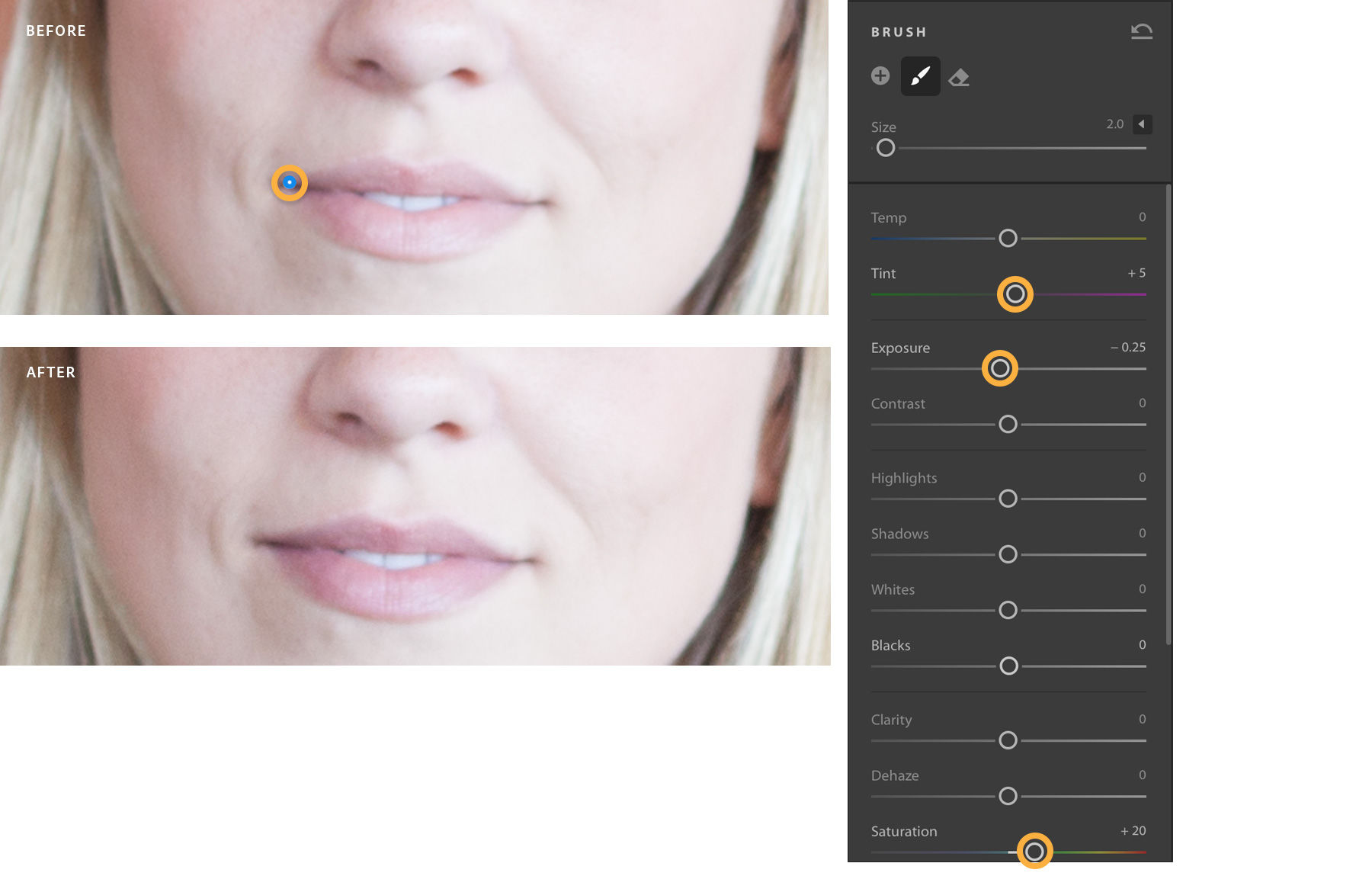 Before and after of lips darkened.  