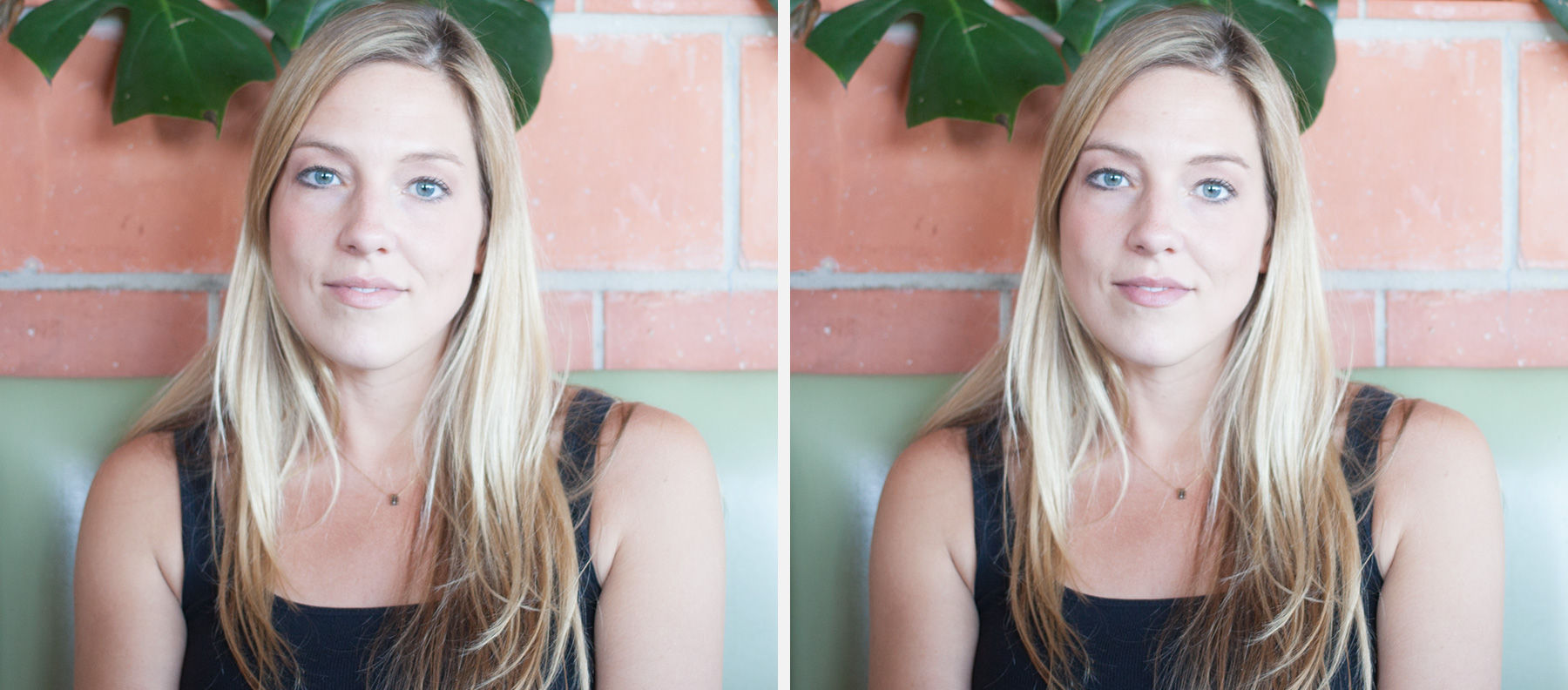 Before and after of woman’s portrait with eyebrows, lashes, eyes, and lips subtly retouched.  