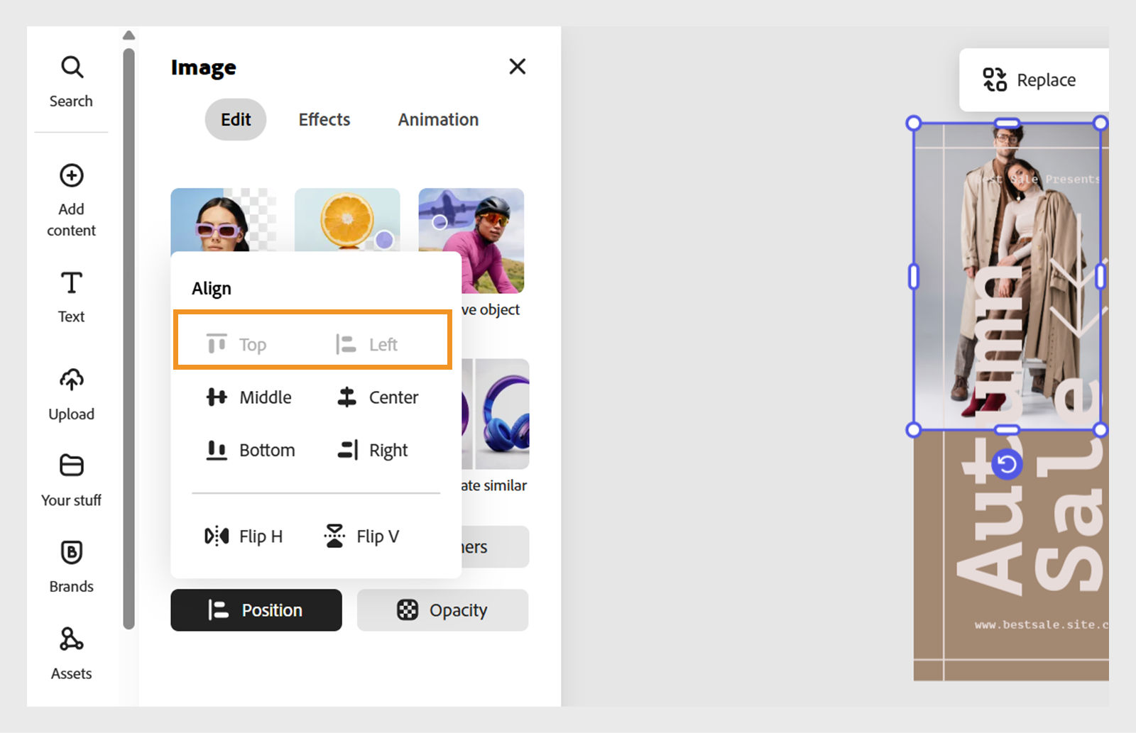The images shows the alignment options on the left panel, like Top, Left, Middle, Center, Bottom, Right, Flip H, and Flip V with the design aligned at Top and Left side. 