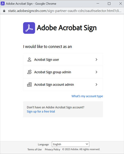 Выбор уровня пользователя для подключения Acrobat Sign к Power Apps