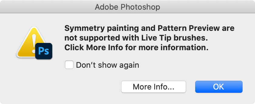 Symmetry painting and pattern preview are not support with Live Tip Brushes.