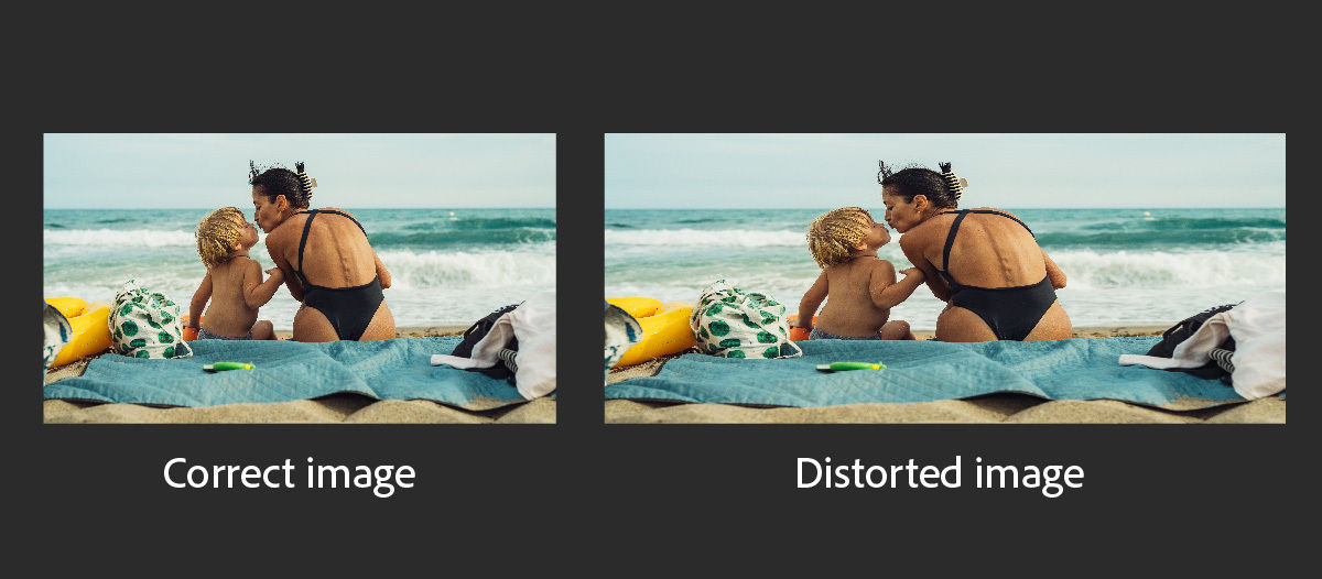 Side-by-side comparison of two images of a woman and child sitting on a beach. The left image is correctly proportioned; the right image appears stretched and distorted due to incorrect aspect ratio.