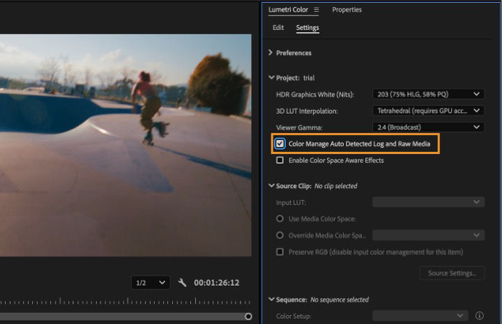 The Lumetri Color panel with the Color Manage Auto Detected Log and Raw Media checkbox selected.