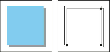 Drop shadow with a trap (left) is based on the line drawn where the object and its drop shadow meet (right).