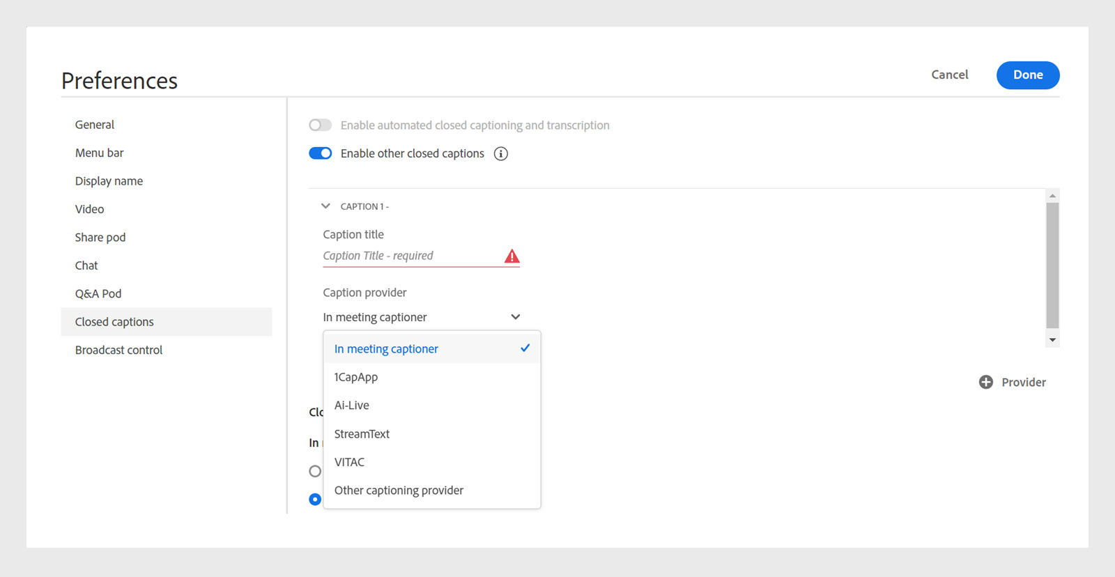 Preferences for closed captions