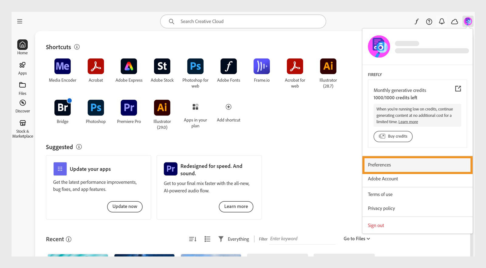 Preferences menu visible under Accounts on the Creative Cloud desktop app