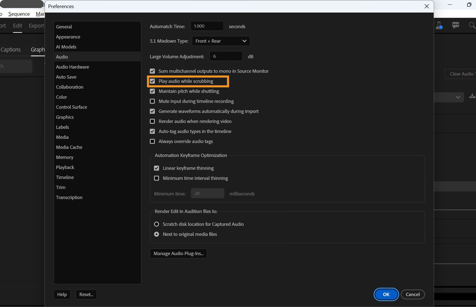 The Preferences dialog is open, Audio panel is displayed and the option Play audio while scrubbing is highlighted.