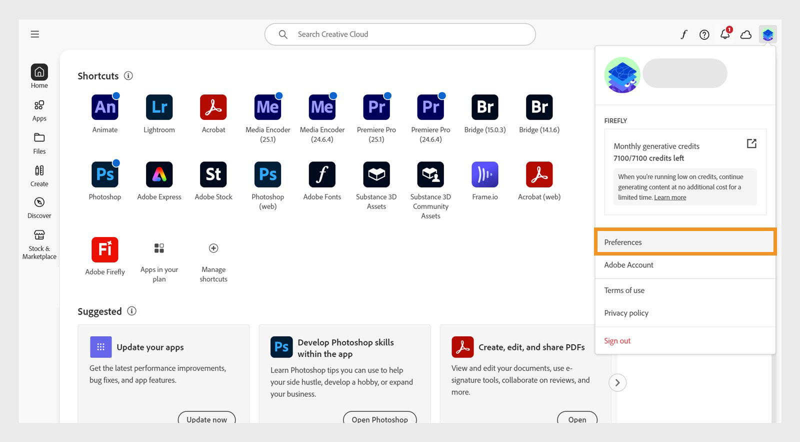 Creative Cloud desktop app displays the account drop-down menu with a highlight over the Preferences option.