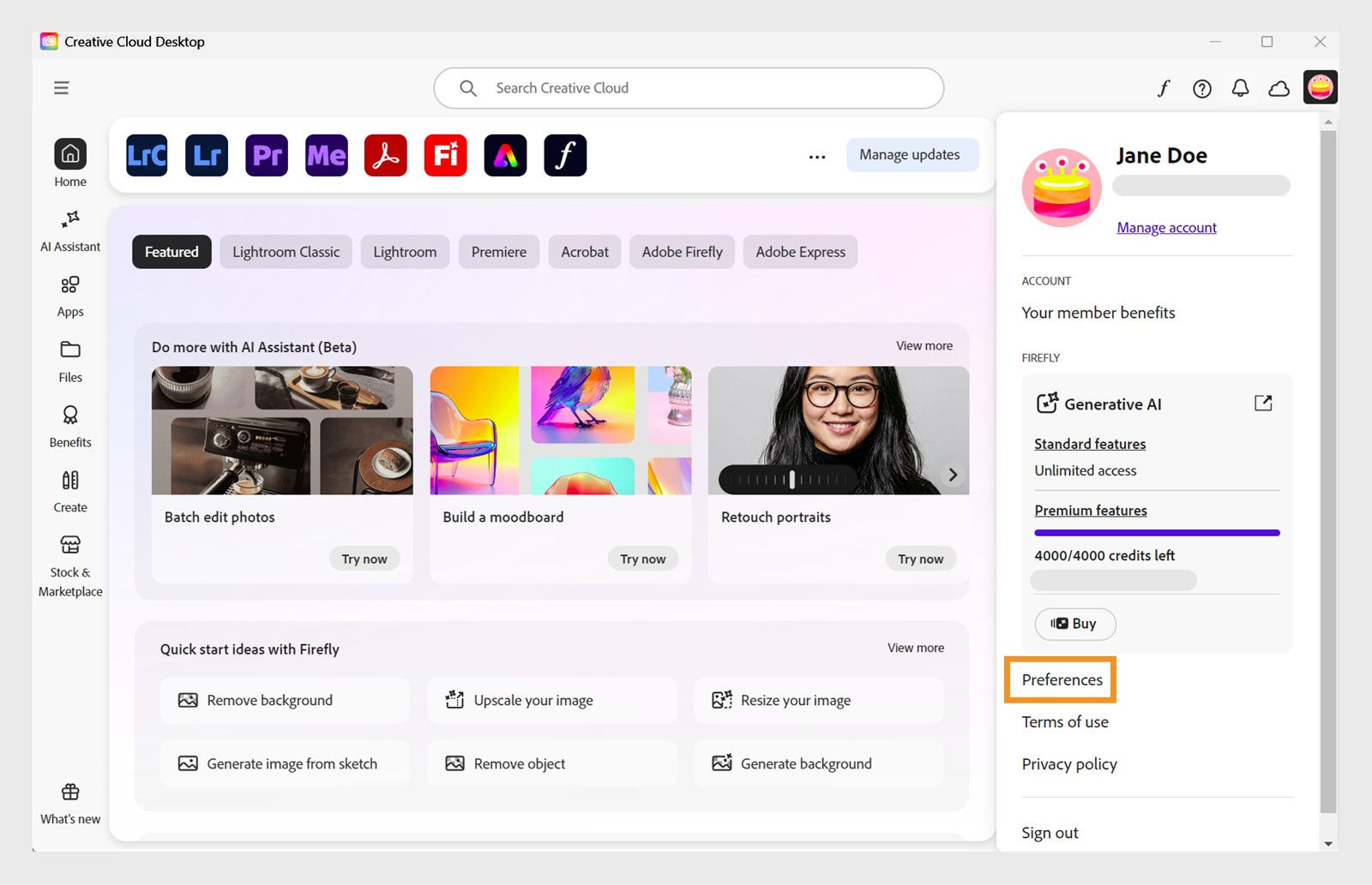 The Account menu shows options like Preferences, Sign out, and monthly generative credits.