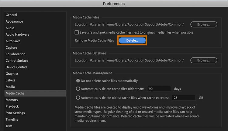 Option to remove media cache files