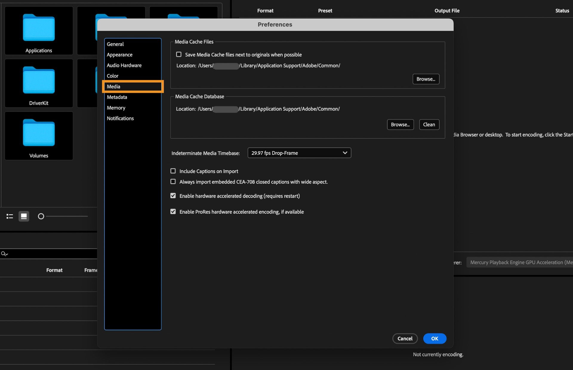 The Preferences dialog box is open, the Media tab is selected, and the fields and options in the Media tab are displayed. 