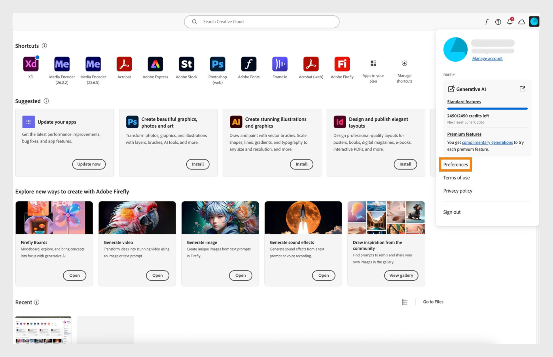 The Account menu shows options such as Preferences, Sign out, and monthly generative credits for Gen AI features. 