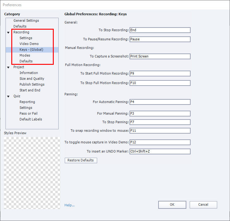 Preferences dialog to change shortcut keys