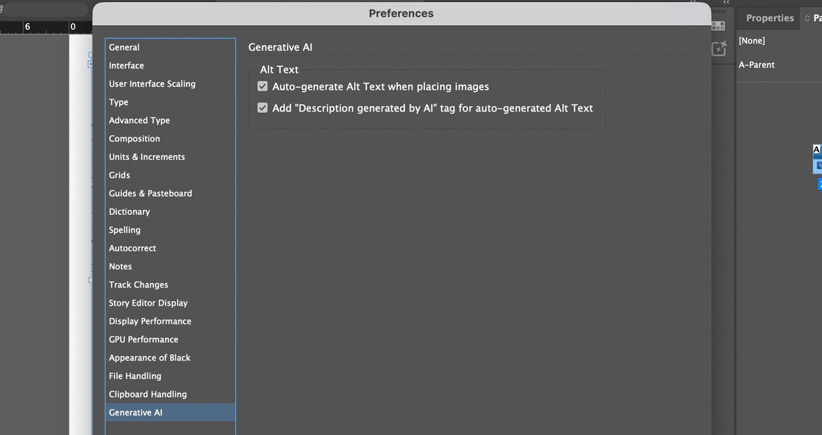 The Generative AI tab in the Preferences panel is open and is showing the Generative Alt Text options.
