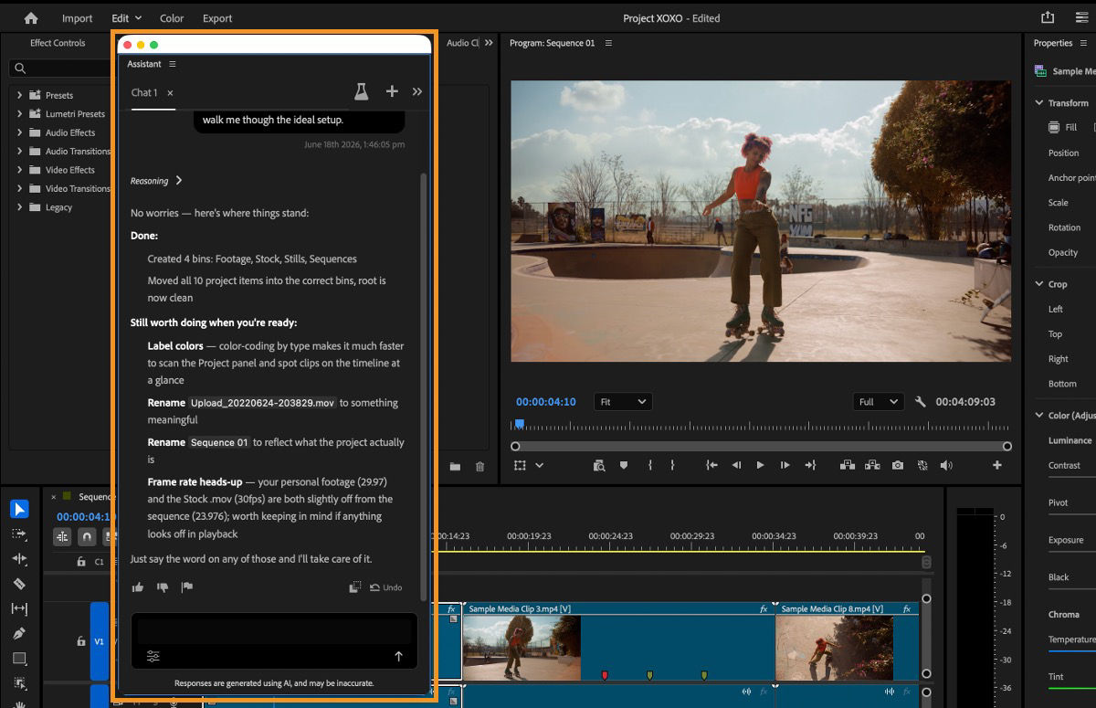 AI Assistant panel in Premiere showing a conversation that organized project media into bins and suggested additional editing tasks.