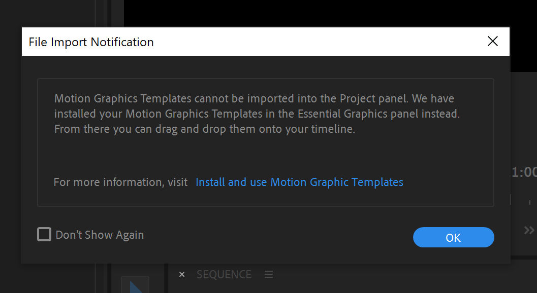 Notification informing you that Motion Graphics templates can be accessed from the Browse tab of the Essential Graphics panel