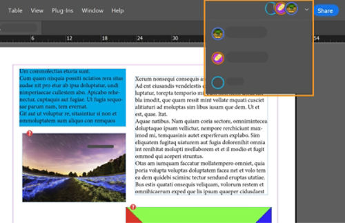   Screenshot of InDesign showing presence icons in the top toolbar, expanded to display a list of active collaborators.