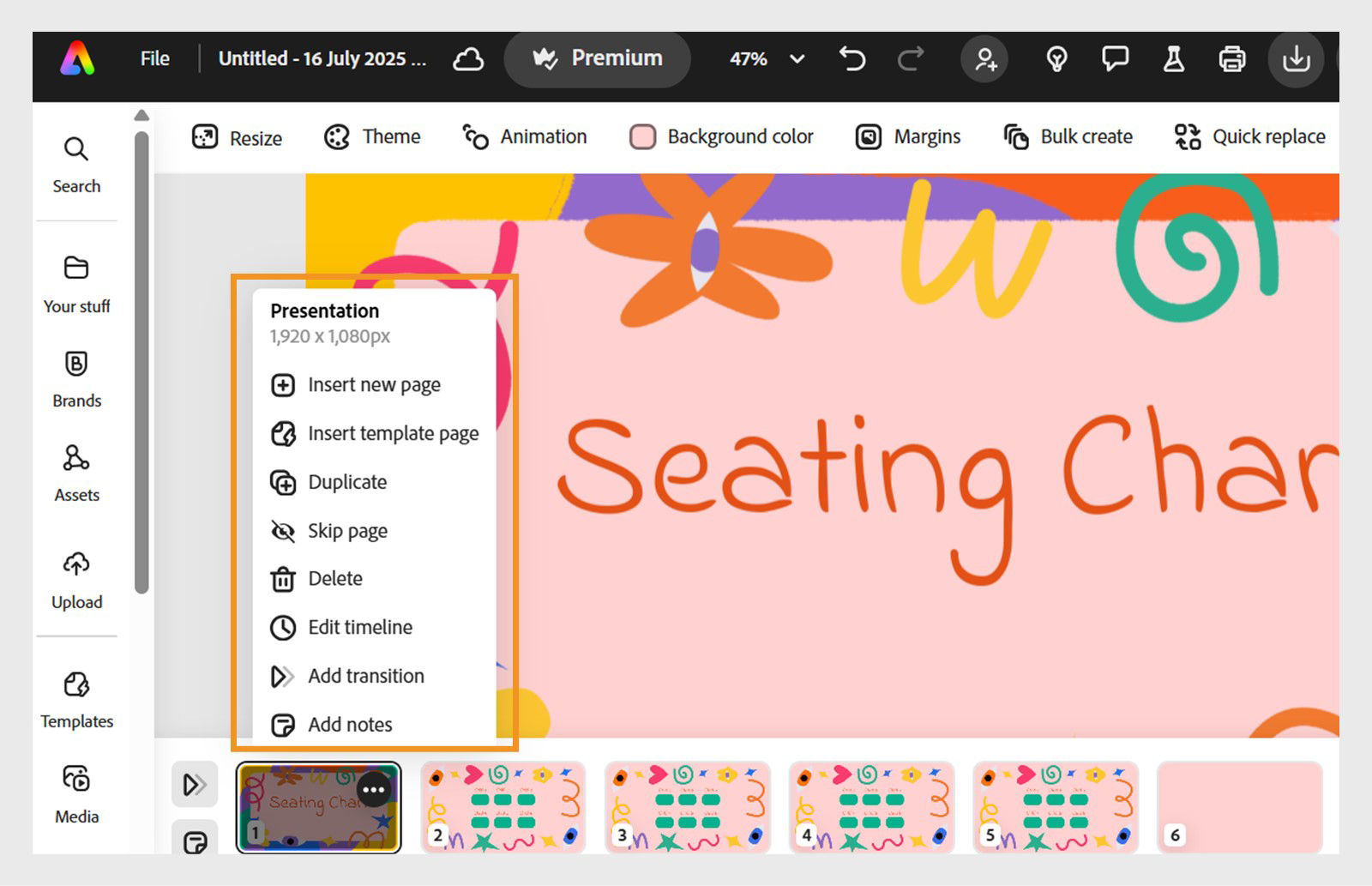 Presentation editor  in Adobe Express showing a 'Seating Chart' slide with colorful decor and the Page actions menu open with various editing options.