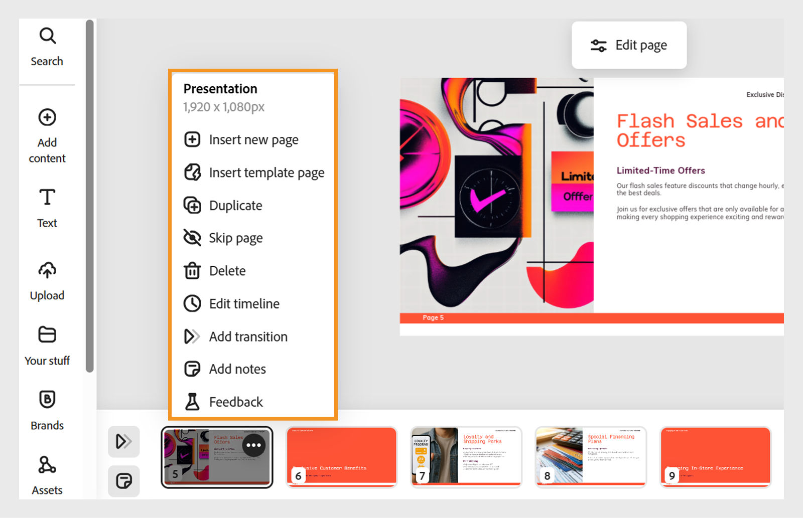Presentation editor in Adobe Express showing a 'Sales' slide with colorful decor and the Page actions menu open with various editing options.