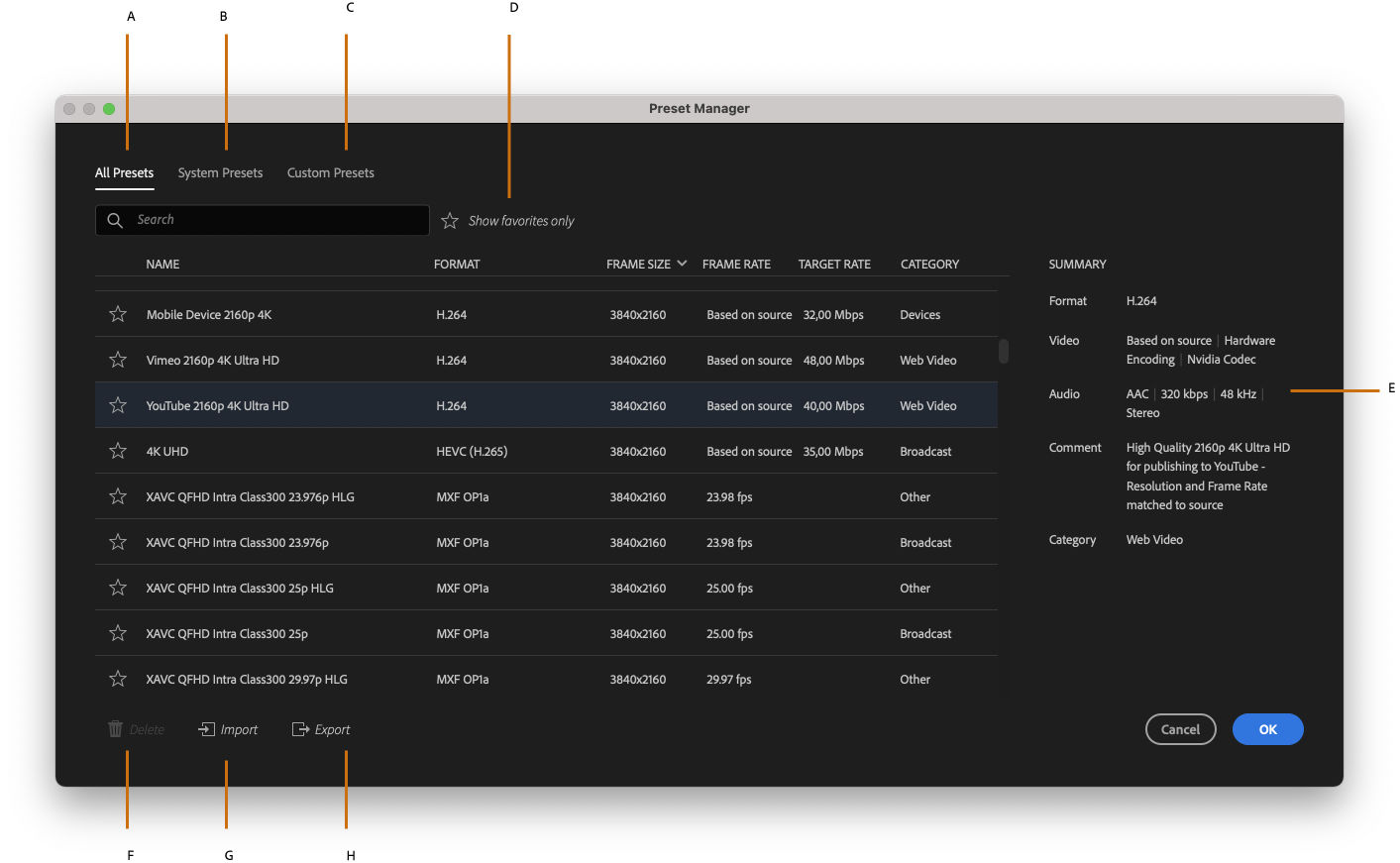 The Preset Manager dialog box