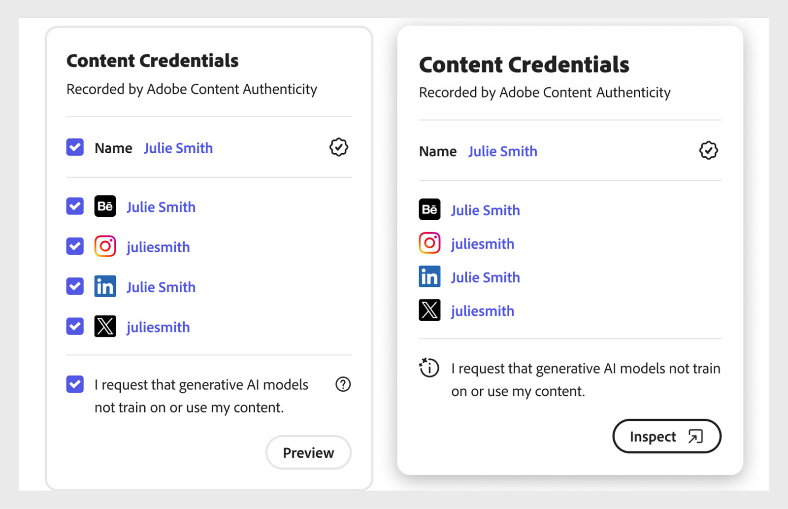 La imagen muestra las aplicaciones de redes sociales compatibles junto con la opción de obtener una vista previa de las Content Credentials. 