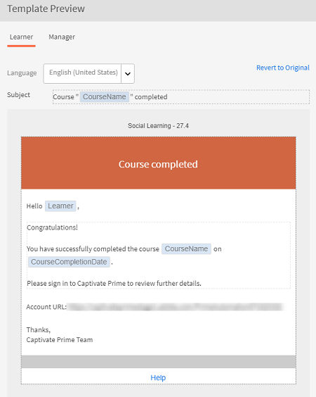 Preview the email template for your learning object