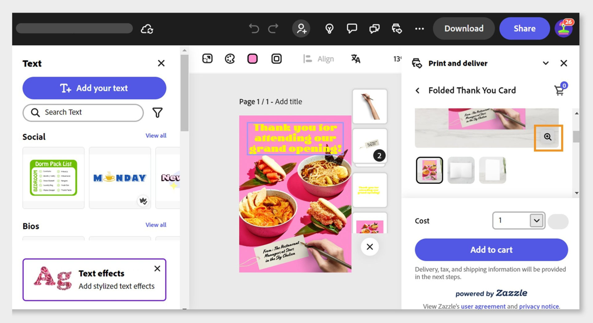    A design is open in the editor with the print and deliver panel open in the right. There is an option to see the previews of the printed designs before selecting the Add to cart button.