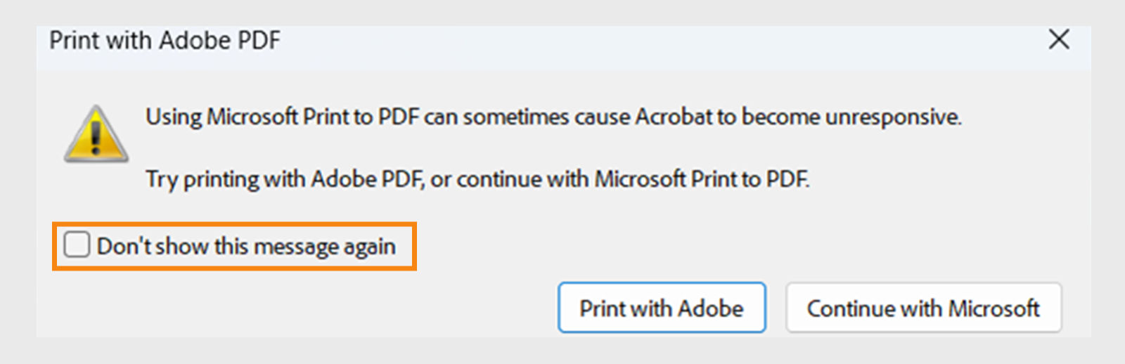 Aufforderung zum Drucken mit Adobe PDF, die angezeigt wird, wenn Acrobat nicht mehr reagiert, mit Optionen zur Auswahl von Adobe PDF oder zur Fortsetzung mit Microsoft