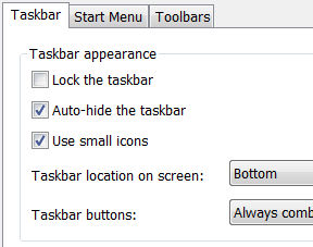 Set the taskbar properties