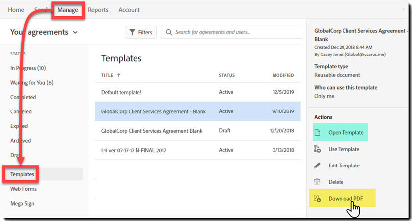 Print template from Manage