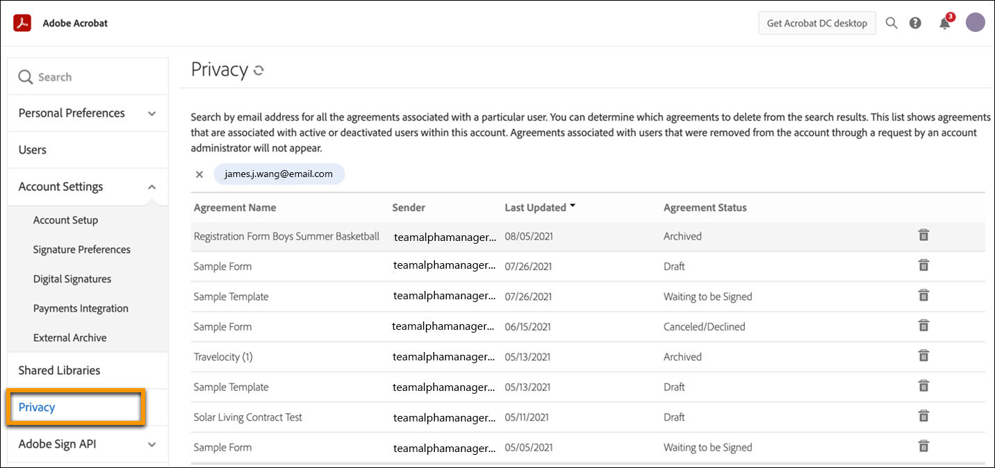 Filter agreements by email address