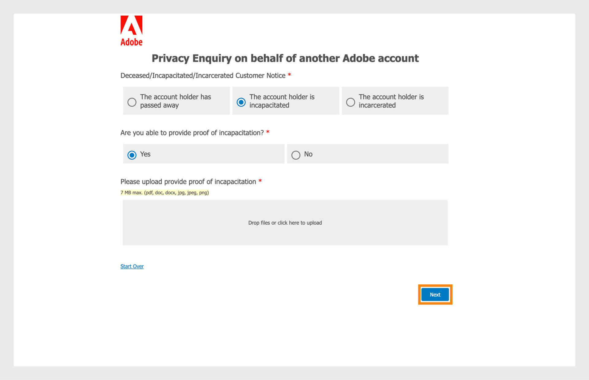 The Privacy Enquiry screen displays the option to select the reason for closing the account, choose if you're able to provide proof of incapacitation or death, and upload proof.