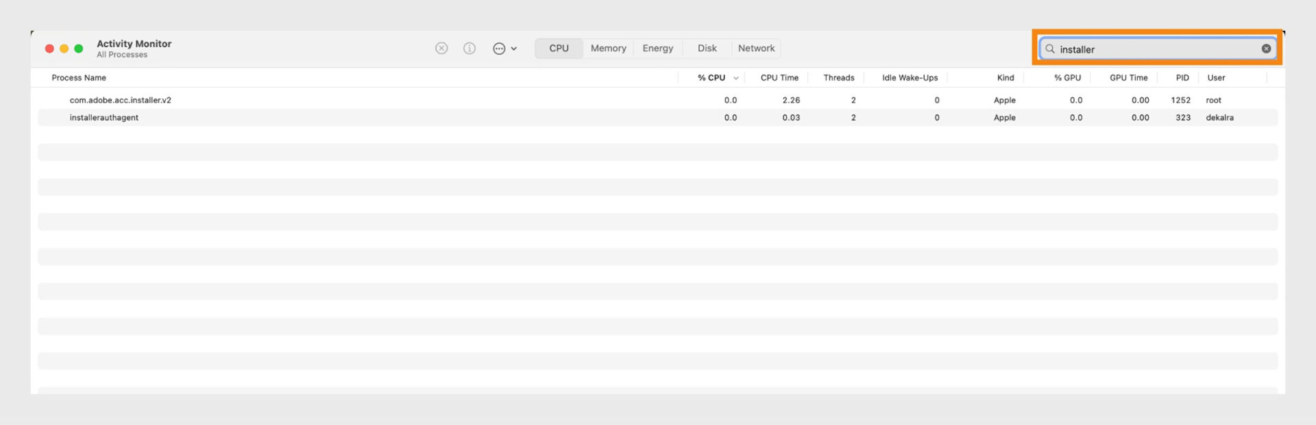 macOS Activity Monitor displaying all related processes.