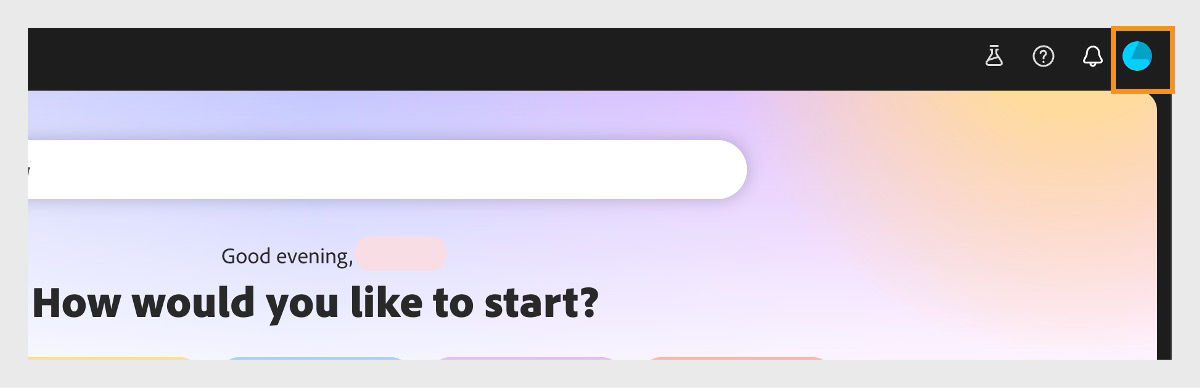Select your profile icon from the top-right hand corner on the Adobe Express homepage on desktop.