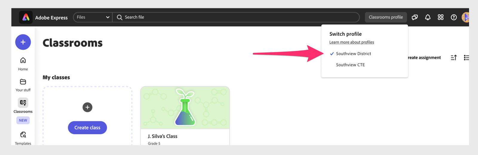 Adobe Express for Education open in the Classroom tab where Create class option is displayed an existing classroom is also displayed.