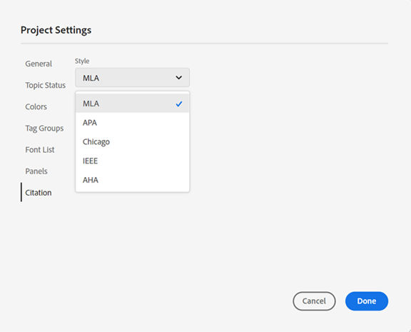 Project settings for Citations